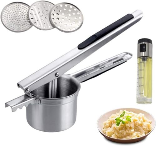 Triturador de patatas de acero inoxidable con mango de goma, machacador de patatas profesional con 3 discos perforados, y pulverizador de aceite de vidrio transparente 100ML