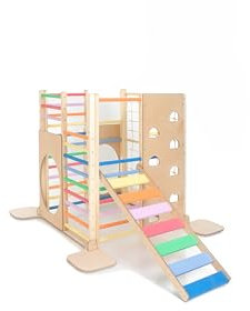 HomeForDreams Torre da arrampicata quadrata ispirata ai Montessori in legno: parco giochi pieghevole al coperto con accessori (arcobaleno, con scala)