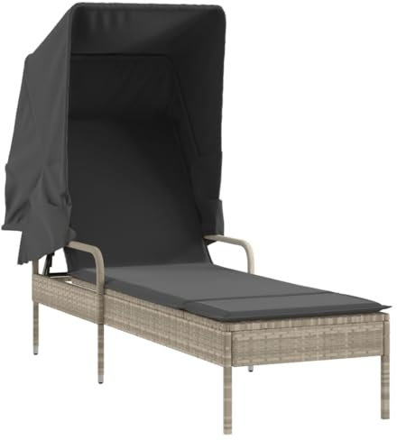 vidaXL Sonnenliege mit Dach, Gartenliege Verstellbare Rückenlehne, Sonnenbett für Außenbereich, Relaxliege Liege Gartenmöbel, Modern, Hellgrau Poly Rattan