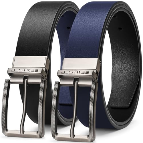 BESTKEE Gürtel Herren, Ledergürtel herren, 35mm Herrengürtel, Männer gürtel, Anzuggürtel, Jeansgürtel für Männer, Ein Gürtel Wendbar Zwei Farben（Schwarz;Blau）
