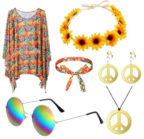 DRJCKOLOTH Hippie-Kostümset für Damen 70er Jahre - Tie-Dye Poncho, Blumen-Stirnband, Retro-Sonnenbrille & Friedenszeichen-Schmuck (Ohrringe, Halskette) - Disco-Outfit für Partys