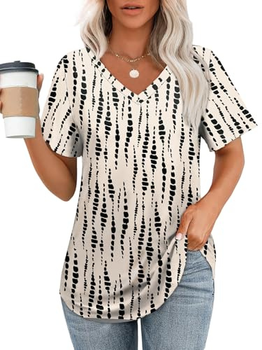 OFEEFAN Tops for Women Trendy V Neck Comfy Soft Basic Tees Short Sleeve Flowy Long Shirts 90s Teacher Outfits for Women Clothing 2026 Summer Black Spot XL