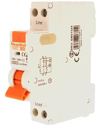 MeanWell Interruttore Magnetotermico Differenziale Slim Da 1 Modulo DIN, RCBO 1P+N C20 20A, Tipo AC Curva C 30mA 6000A, 2 Poli 1M 220V