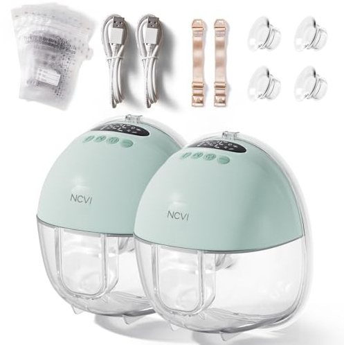 NCVI Elektrische Milchpumpe Tragbar Freihändig | 4 Modi 9 Stufen, 19/21/24 mm Flansch, Superleise mit LED-Display, 10 Muttermilchbeutel, 150 Min. Laufzeit (2Packs, Grün)