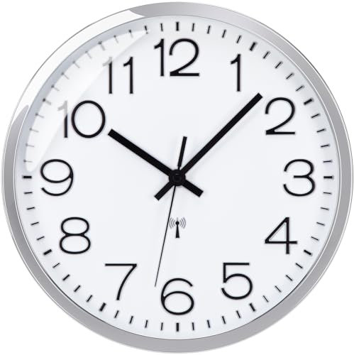 Epochic Orologio da Parete Radiocontrollato con Numeri 3D Orologio da Parete Moderno (Argento)