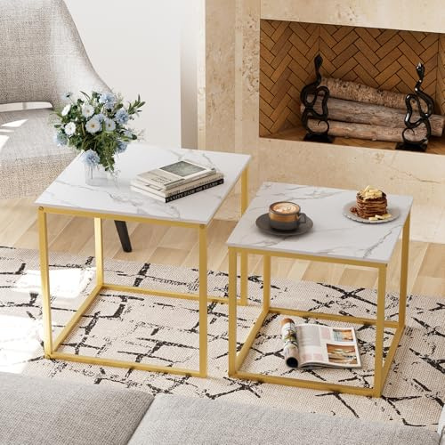 Garden 4 you Coffee Table Set of 2, Modern Engineered Wood Nesting Table, Metal Frame Square Center Table Set, Side Tables, Nesting Coffee Table for Living Room, Bedroom and Small Spaces, 19.7in Gold