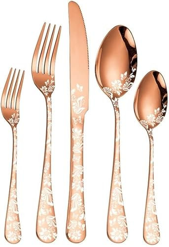 Cutlery Set Electroplated Patterned Kitchen Silverware Tableware Set,18/10 Stainless Steel Flatware Set, Steak Knife Fork Spoon Gift Box Cutlery Sets (Gold,5 Pieces)(Rose Gold,5 Pieces)