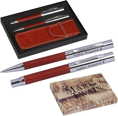 Juwelier Schönschmied Mark Twain Schreibset mit Wunschgravur aus Kugelschreiber und Füllfederhalter | Stecketui | Schreibset personalisiert mit Wunschname | Wunschgravur mit Symbolen PS161