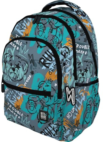 Grafoplás - Tre fack skolryggsäck, 33 x 46 x 22,5 cm, 30 liter, vadderad bärbar dator, rumsmodell, björndesign, bitar och bokar pop-up design, perfekt för skolmaterial, Grå, L, skola