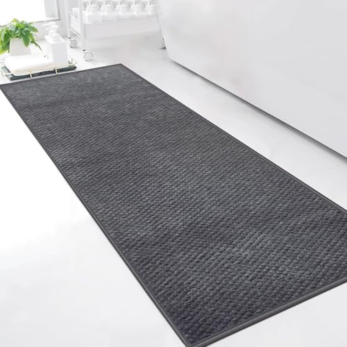 Cheerx Badteppich rutschfest Waschbar 50 x 150 cm, Badematte mit Gummi, Chenille Badezimmerteppich, Super Saugfähige Badvorleger, Bath Mat für Dusche,Badewanne und Toilette, Grau