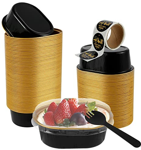 Guniata 60 pirottini da forno in pellicola di alluminio, con coperchi trasparenti e cucchiai, riutilizzabili, 68 ml, per torte, formaggi, dessert (60 pezzi, oro nero)