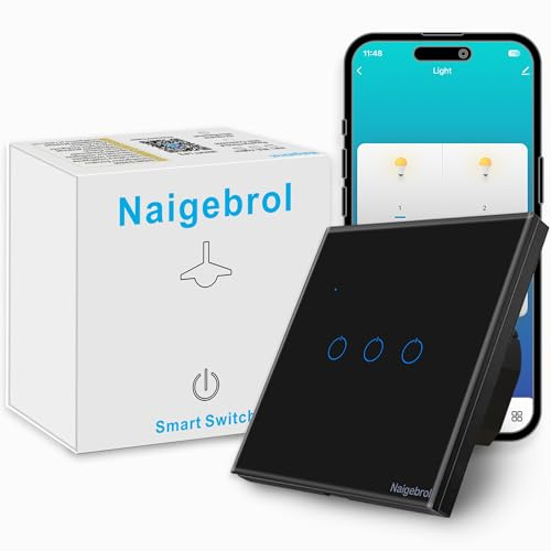Naigebrol Touch Light Switch，Neutral wire required，With Safety Door，Multi-Way Control by Smart Life App，Works with Alexa/Google Assistant，Remote Control，Voice Call，LED Dual-Color Backlight,3Gang Black
