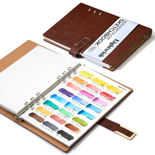 Aquarell Farbkarte/Swatch Buch, 20 Blätter Skizzenbuch mit 24 Farbfeldern - 100% Baumwolle 300g/m² heißgepresst, 23x18 cm, gelocht - Professionelles Farbtest-Buch für Aquarell, Gouache & Acryl