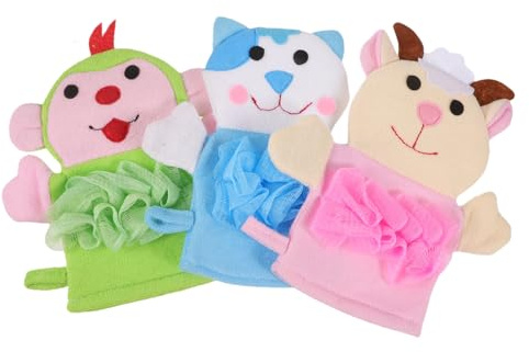 NULYLU 3 pièces de Toilette Garçon Fille Mousse PE Exfoliants pour Bain Garçon Fille Doux et Portables avec Motifs Animaux Mignons Accessoires pour Peau Délicate