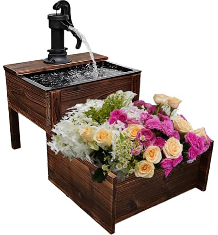 Borsynium,Outdoor Water Fountain，Floor Wooden Rectangular Double-Layer Old-Fashioned Pump Fountain with Flower Box，Plug-in Electric Decorative Hand Pump,Outdoor Water Feature for Garden Patio Backyard
