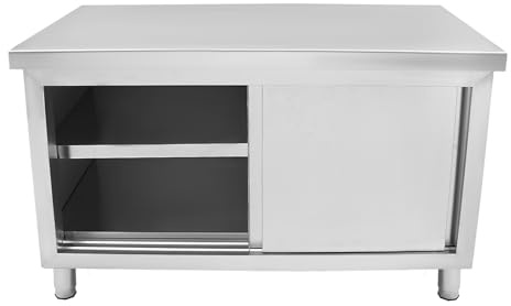 Tavolo da lavoro in acciaio inox con ante 120 x 50 cm, grande tavolo da lavoro con armadio a 3 livelli e porte scorrevoli apribili su entrambi i lati, Stazione di lavoro da cucina ergonomica per