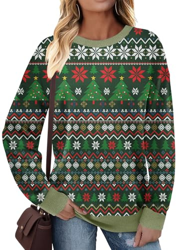 Cuptacc Sudaderas Mujer Otoño Contraste De Colores Hombros Caídos De Canalé Top Cuello Redondo Sin Capucha Manga Larga Camiseta Mujer Ciervo Verde L