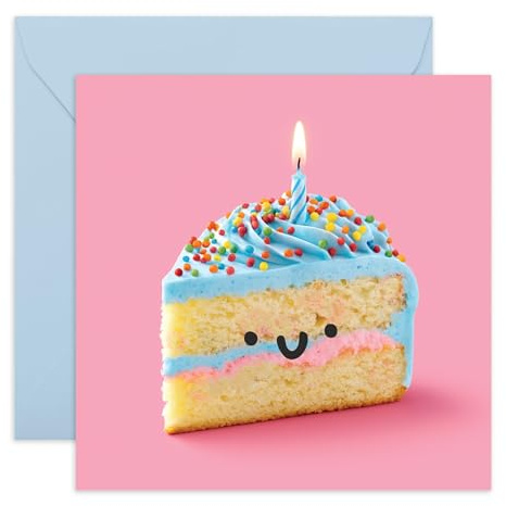 Cute Birthday Card – Smiling Cake Slice with Candle – Colourful Pastel Card for All Ages, Friends, Kids, Children, Adults, Son, Daughter, Niece, Nephew, Him, Her – Lovely Greetings for Everyone