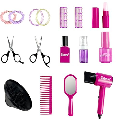 EDLMKM 17 Pcs Girls Role Play Hair Salon Kit, Salon Playset with simulated Blow Dryer for Realistic Pretend Play Set Hair Styling Toys Playset, Portable Makeup & Hair Styling for Girls Birthday Gift