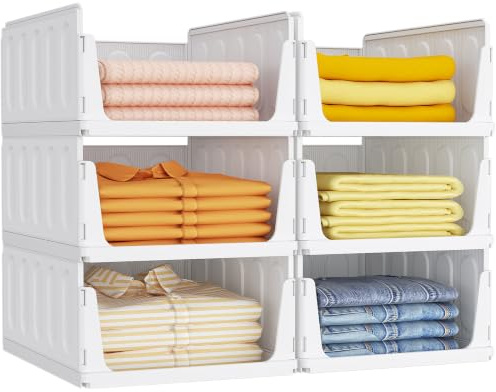 Lifewit Organizador de Armario Ropa, 6 Pack Baldas Apilables Interiores, Cajonera de Almacenaje para Camisetas y Pantalones, Contenedores Extensibles para Baño, Cocina y Camping, 24L, Blanco