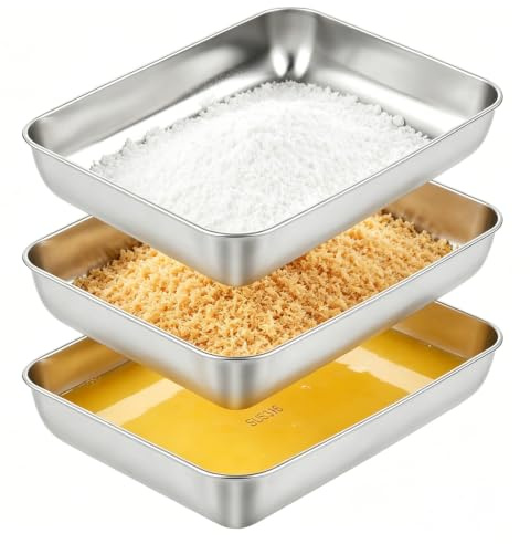 Cozary Juego de 3 Bandejas para Empanizar Acero Inoxidable, Bandejas Rectangulares 25x20x5cm para Horno, Preparación de Alimentos, Carnes, Verduras, Hornear, Enfriar, Servir, Fáciles de Limpiar y Apil
