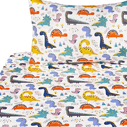 J-pinno Polka Dot Dino Cute Dinosaur Cartoon Sheet Set 100% Cotton 3 Pieces Twin for Kids Girls Boys Children Flat Sheet + Fitted Sheet + Pillowcase Bedding Decoration Gift Set