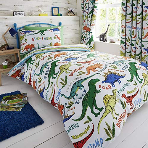 Happy Linen Company Kinder Bettwäsche-Set - Dinosaurier-Motive - wendbar - Grün - Einzelbett
