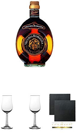 Vecchia Romagna Etichetta Nera italinischer Brandy 0,7 Liter + 2 Bugatti Nosing Gläser mit Eichstrich 2cl und 4cl + 2 Schiefer Glasuntersetzer eckig ca. 9,5 cm Ø