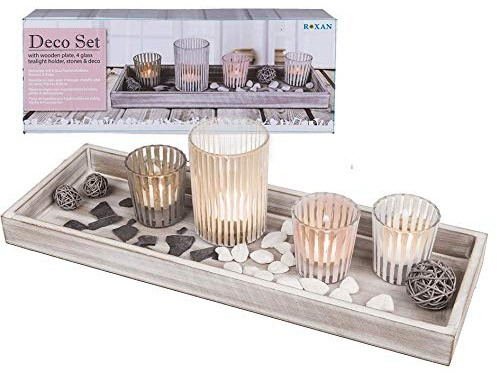 Deko Set mit Holz Tablett inklusive 4 Glas Teelichthalter Steinen und Dekomaterial Geschenkidee Mama Oma zu Hause