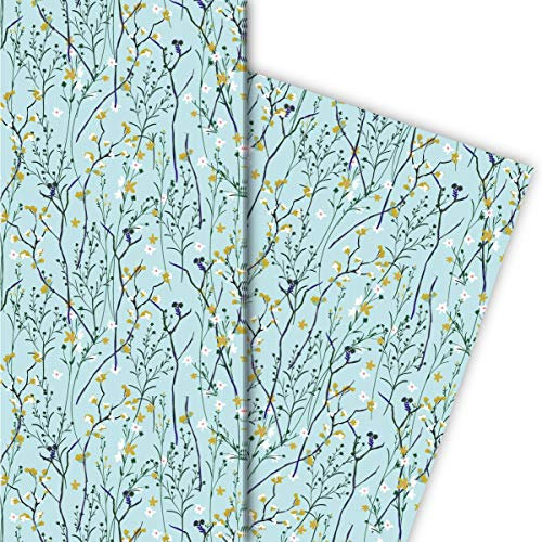 Zartes Natur Geschenkpapier mit Gräsern, türkis, für schöne Geschenkverpackung zum Einpacken 32 x 48cm, 4 Bögen für Geburtstage, Hochzeit, Weihnachtsgeschenke, Dekorpapier