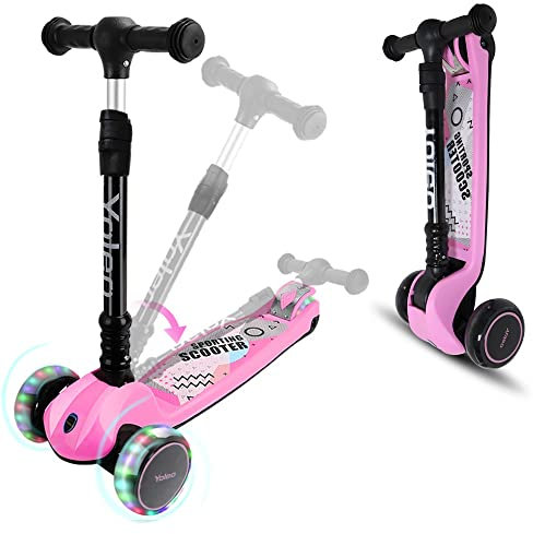 YOLEO Monopattino Bambini 3 a 10 Anni, Monopattino 3 Ruote con Ruote Lampeggianti in LED, Kids Scooter, Regolabile in Altezza, capacità Massima di 50 kg, Regalo per Bambini (Rosa-Pieghevole)