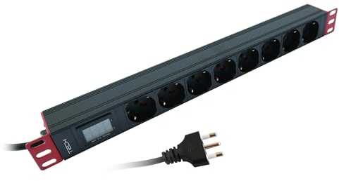 Techly Professional 109573 Multipresa 8 Posti da Rack 19 con Misuratore Voltaggio e Amperaggio Spina Italiana 1U Nero