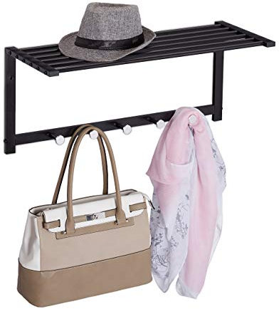 Relaxdays Wandgarderobe mit Ablage, Garderobenleiste 5 Haken, Flur & Bad, modern, Metall, HBT 28 x 65 x 25 cm, schwarz