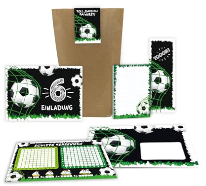Junaversum 12 Einladungskarten zum 6. Kindergeburtstag sechste Geburtstag Jungen Fussball Fußball incl. 12 Umschläge, 12 Tüten, 12 Aufkleber, 12 Lesezeichen, 12 Blöcke, 12 Schiffe versenken
