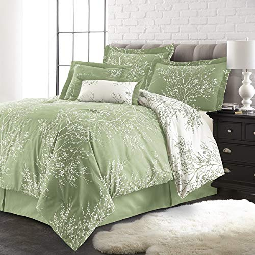 Spirit Linen - King Bed in a Bag, 6-Piece Oversized Reversible Bedding with Matching Shams & Bed Skirt, Elegant Home Decor for All Season (Foliage Sage/Ivory, King)
