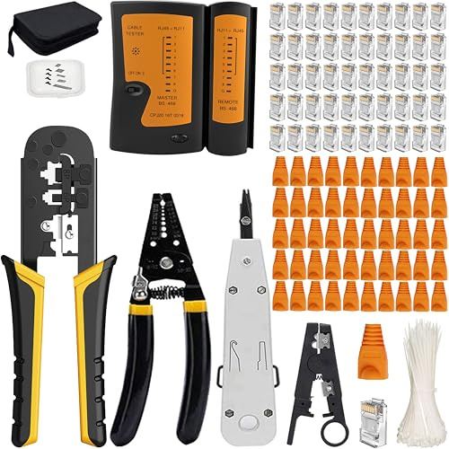 MAYLINE RJ45/CAT5/CAT6 Crimp Network Tool Kit Crimper Stripper 50pcs Connetors 50pcs Covers Ethernet LAN Cable Tester Cutter Set, Punch Down Cable Crimping Tool Set (Yellow)