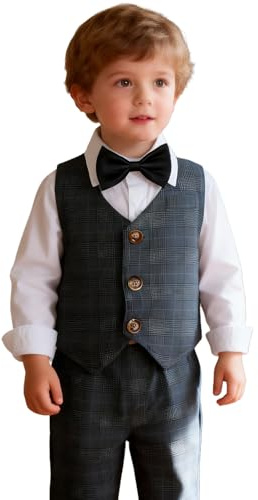 mintgreen Baby Boy Kostym Set, 3st Barn Långärmad T-shirt med Fluga + Väst + Byxor, Storlek: 1–4 år