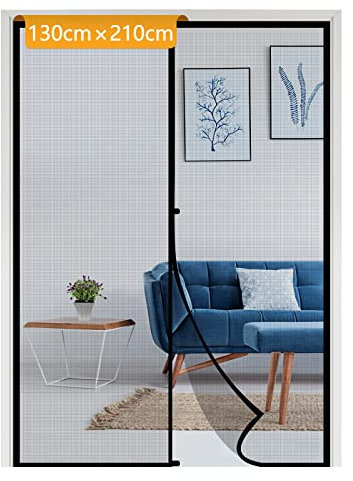 Yotache Fliegengitter Balkontür Magnet 130x210cm Insektenschutz Balkontür Ohne Bohren mit Stollen und Klettverschluss für Haus und Terrasse, Schwarz
