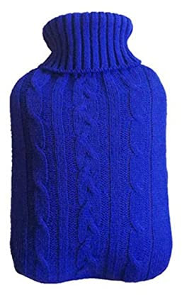 Wärmflaschenbezug aus korallenrotem Fleece für 2 l Liter, flacher Wärmbeutel, gestrickter Flaschenbezug, wiederverwendbar, Handwärmer, Winter-blauer Bezug