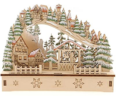 ELLUG 3D Geschwungener Schwibbogen Lichterbogen Holzschnitt Winterdorf aus Holz zum Stellen mit Licht 14,5 * 4,5 * 11cm batteriebetrieben mit On-Off Schalter, Timer Funktion (6h On/18h Off)