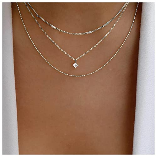 Allereya Vintage Layered Crystal Square Necklace Rhinestone Pendant Necklace Cz Square Choker Necklace Silver Multi Layered Chain Necklace Jewelry for Women and Girls (Silver)