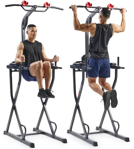 Sunny Health & Fitness Captain’s Chair Full Body Multi-functional Power Tower with Adjustable Pull-Up Bar, Rock-Climbing Grip, Dip Station, Push-Up Bar, Total Home Gym Strength Training - SF-XF922081