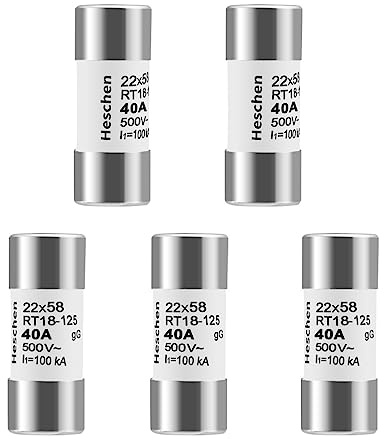 Heschen Eslabón fusible de tubo cerámico cilíndrico, RT18-125(RO17), 22 * 58mm, 40A 500VAC, Tipo gG, 5 Unidades