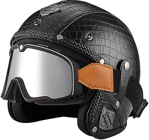 WYXAXNM Vintage Casco Jet Caschi Moto Pelle Casco Moto, Aperto Casco per Moto ECE Omologato Portatile Jet Casco Scodella per Uomo e Donna Casco Moto Scooter Touring Casco,Black-XL(61~62cm)
