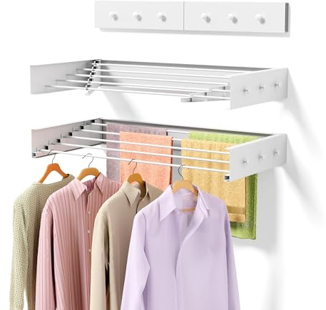 ZMBESUP Upgrade Wall Mounted Drying Rack with 6 Hooks, 31.5 Foldable Laundry Rack, 5 Rods & Hooks Space Saver for Bathroom, Collapsible Clothing Rack with Template for Indoor Outdoor (White)