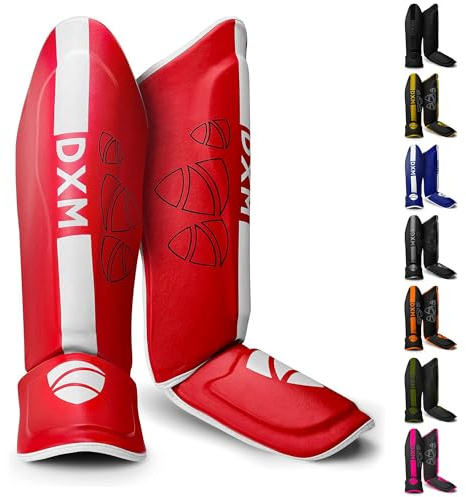 DXM Martial Arts Shin Guards Kickboxing Leg Guards with Instep Protection for for Muay Thai, Boxing, MMA, Karate, Taekwondo, Sparring, Training, MMA Equipment (XL, Red & White)