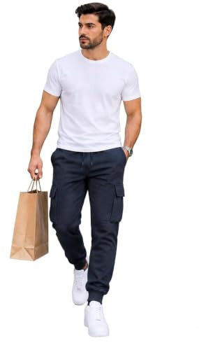 True Face Pantaloni da uomo in pile cargo da combattimento, multitasche, con polsini elasticizzati, a costine, per sport, corsa, fitness, palestra, jogging, Navy a coste, XL