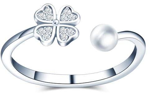 MICMIF Anello Aperto con Quadrifoglio in Argento 925 per Donna, con Zircone Bianco e Perla, Anello Regolabile Anelli Anniversario Promessa Gioielli Regalo per Donna Ragazze