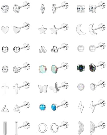 Jstyle 21 Pairs Hypoallergenic Flat Back Stud Earrings for Women Men Surgical Stainless Steel Earrings for Sensitive Ears Cartilage Earring Small Studs Earrings Set Stacks Screw Back Silver Earrings