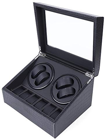 4+6 Lack Automatik Uhrenbeweger Display Box, Großes Fassungsvermögen Uhren Aufbewahrungsbox, Lagerung Holzbehälter, Luxus Uhrenbox für Automatikuhren, Sichtfenster, 2 Dreh-Modi(Schwarzer Lack)